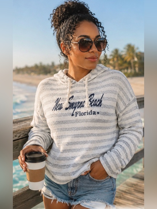 Southern Spirit Tops - Striped Hooded Lite Sweatshirt Cream & Gray - New Smyrna Beach Florida XS